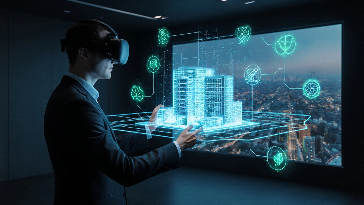 Architect using VR headset with holographic building and AI data streams.