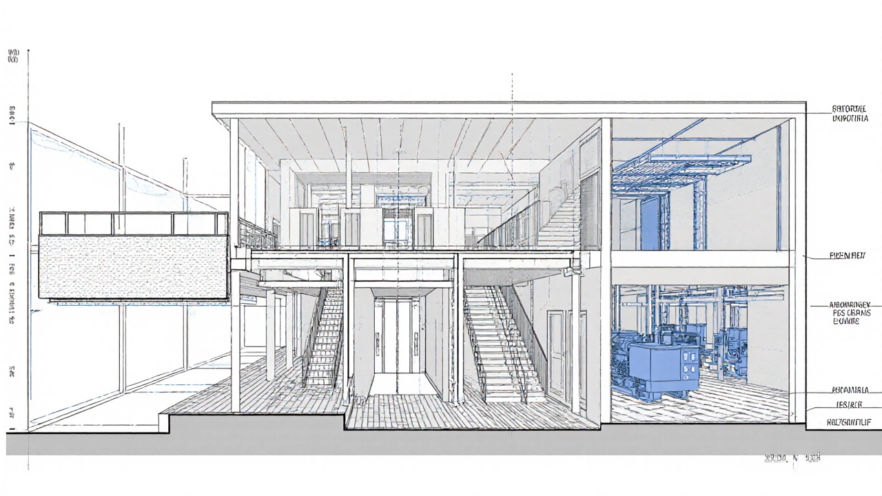Architectural cutaway illustrating reinforced floors, elevators, fire stairs, ramps, and HVAC plant in a commercial building.