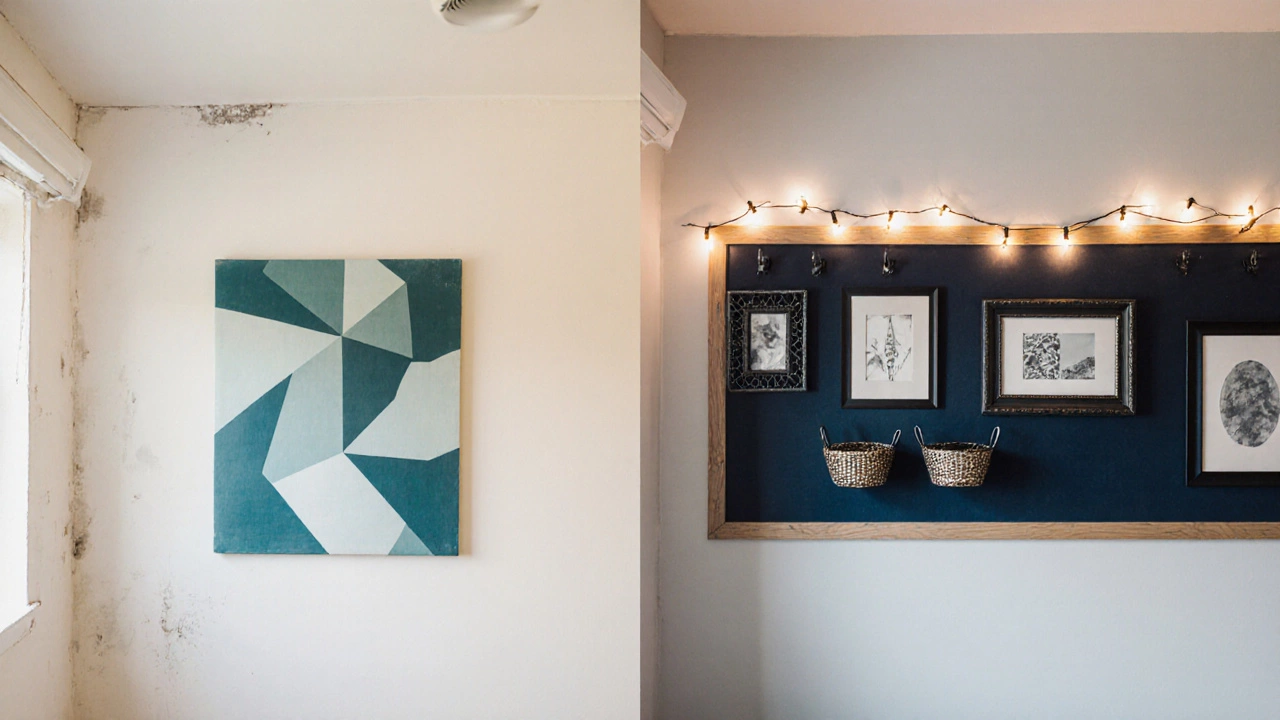 Before‑after split view of a plain wall transformed with stencil, canvas, frames, pegboard and lights.