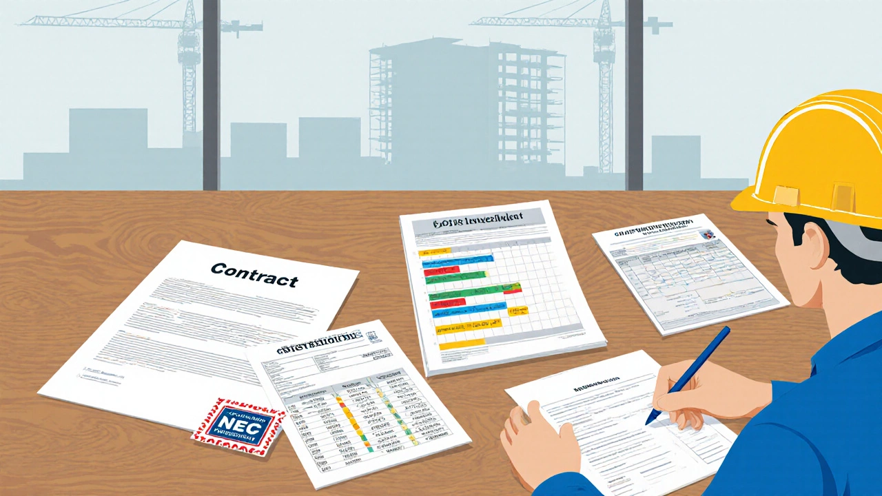 Close‑up of contracts, permits, insurance certificates and a signed change order on a conference table.