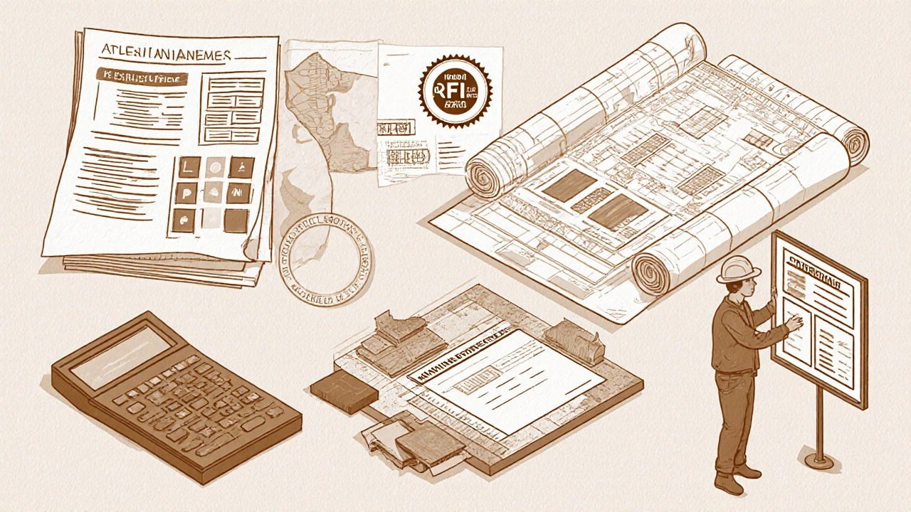 Collage of feasibility study, design sketch, blueprints, permit stamp, cost estimate, and site manager.
