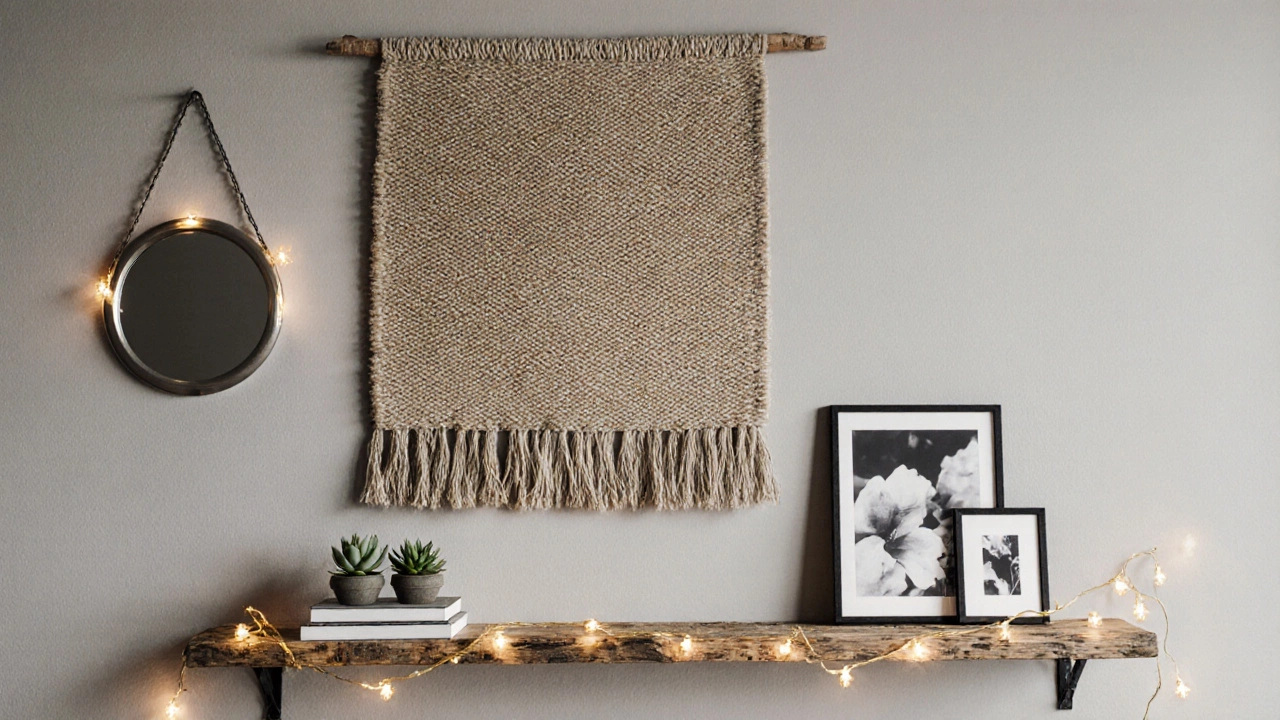Completed wall featuring gray paint, tapestry, shelf with plants, frames, mirror and lights.
