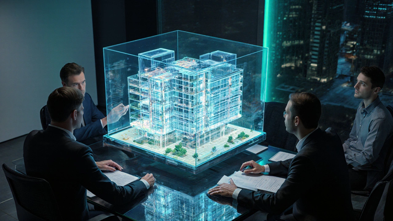 Conference room with a holographic 3D model of a mixed‑use building and professionals examining it.