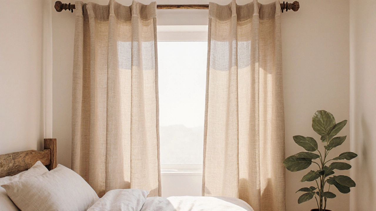Cozy bedroom featuring natural‑tone linen curtains with soft, textured folds.