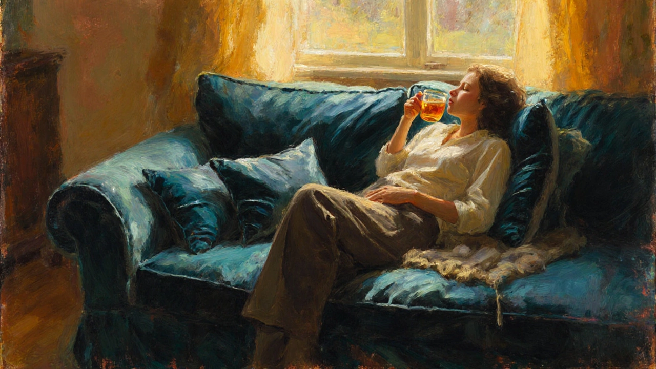 Cozy sofa with new plush cushions, lumbar pillow, bathed in warm light.