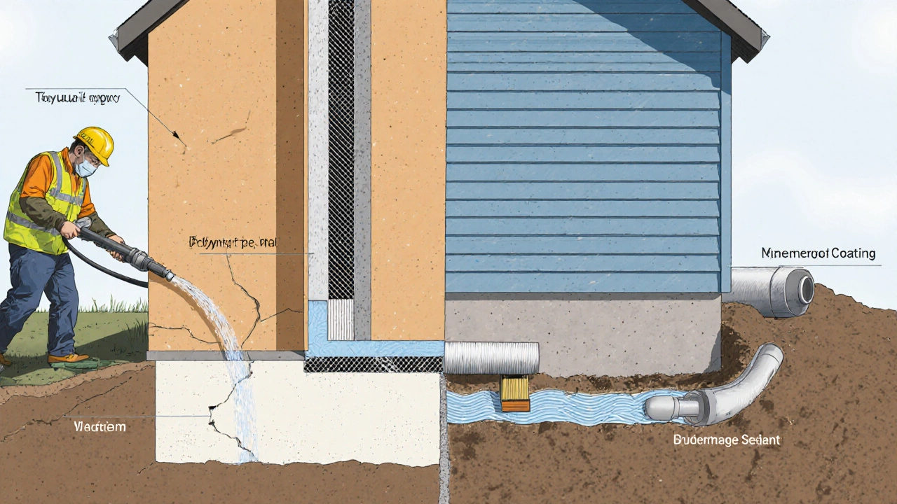 Cross‑section showing epoxy injection and carbon fiber inside, and exterior drainage and membrane work.