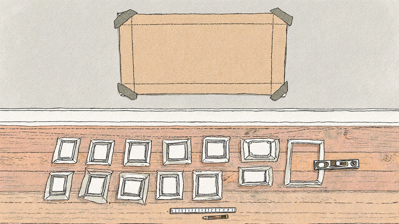 Floor layout of multiple frames with measured gaps, using a cardboard template for a gallery wall.