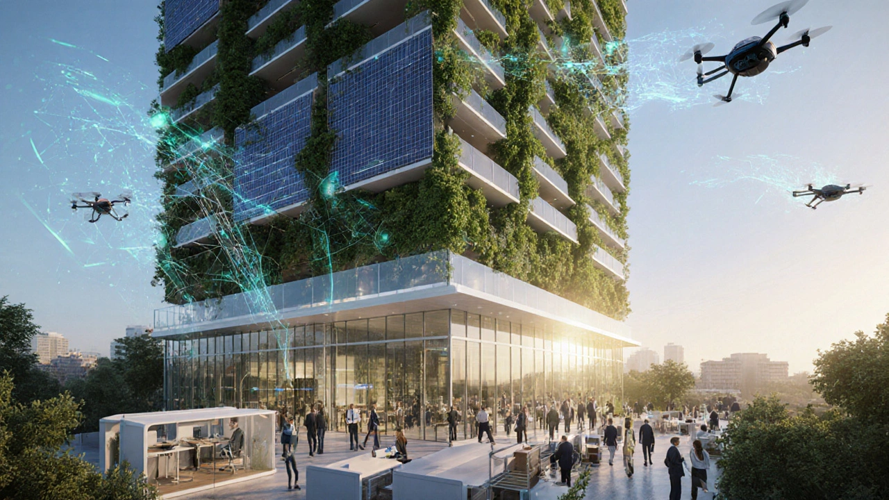 Futuristic green tower with solar panels, vertical gardens, drones, and adaptable workspaces.