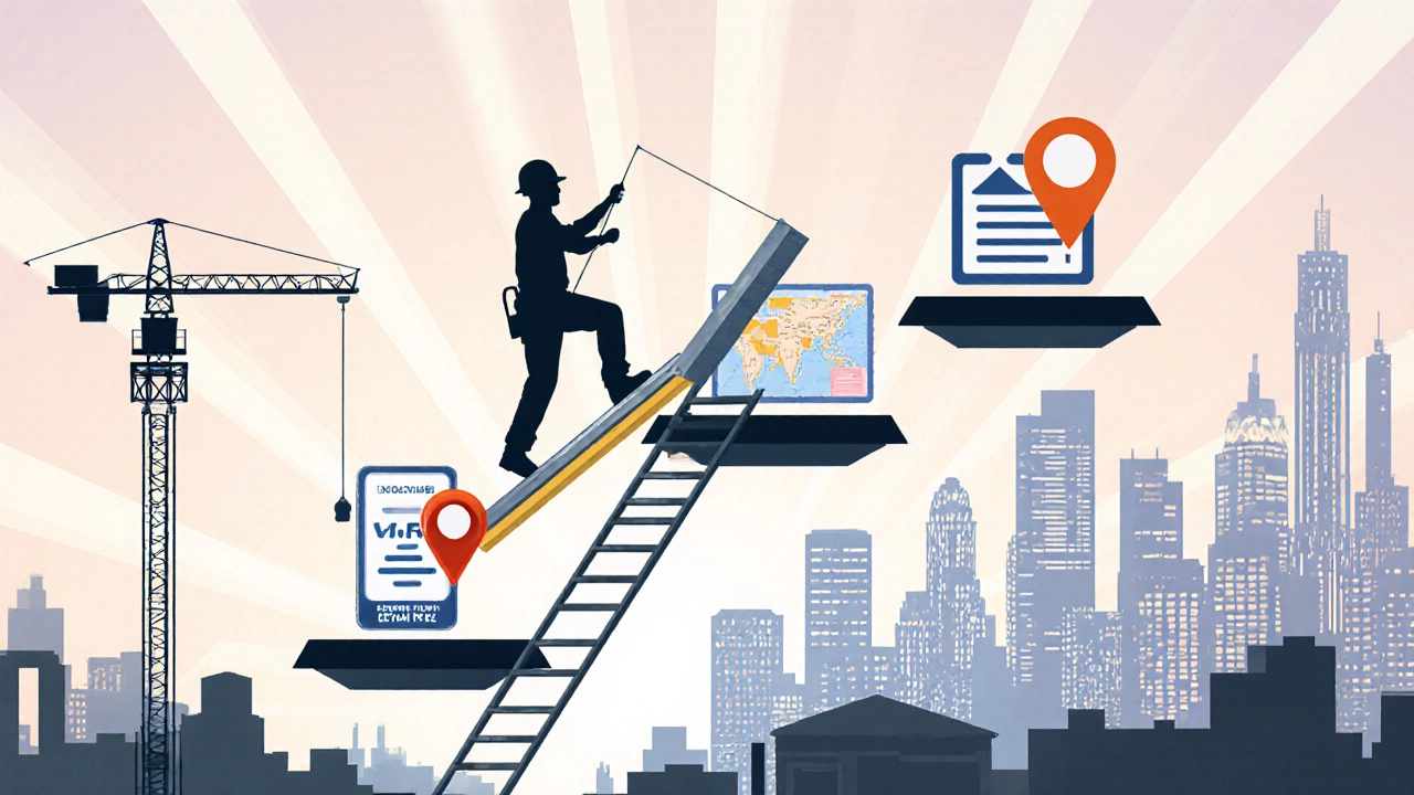 Illustrated career ladder showing worker rising toward skyscraper with trade icons.