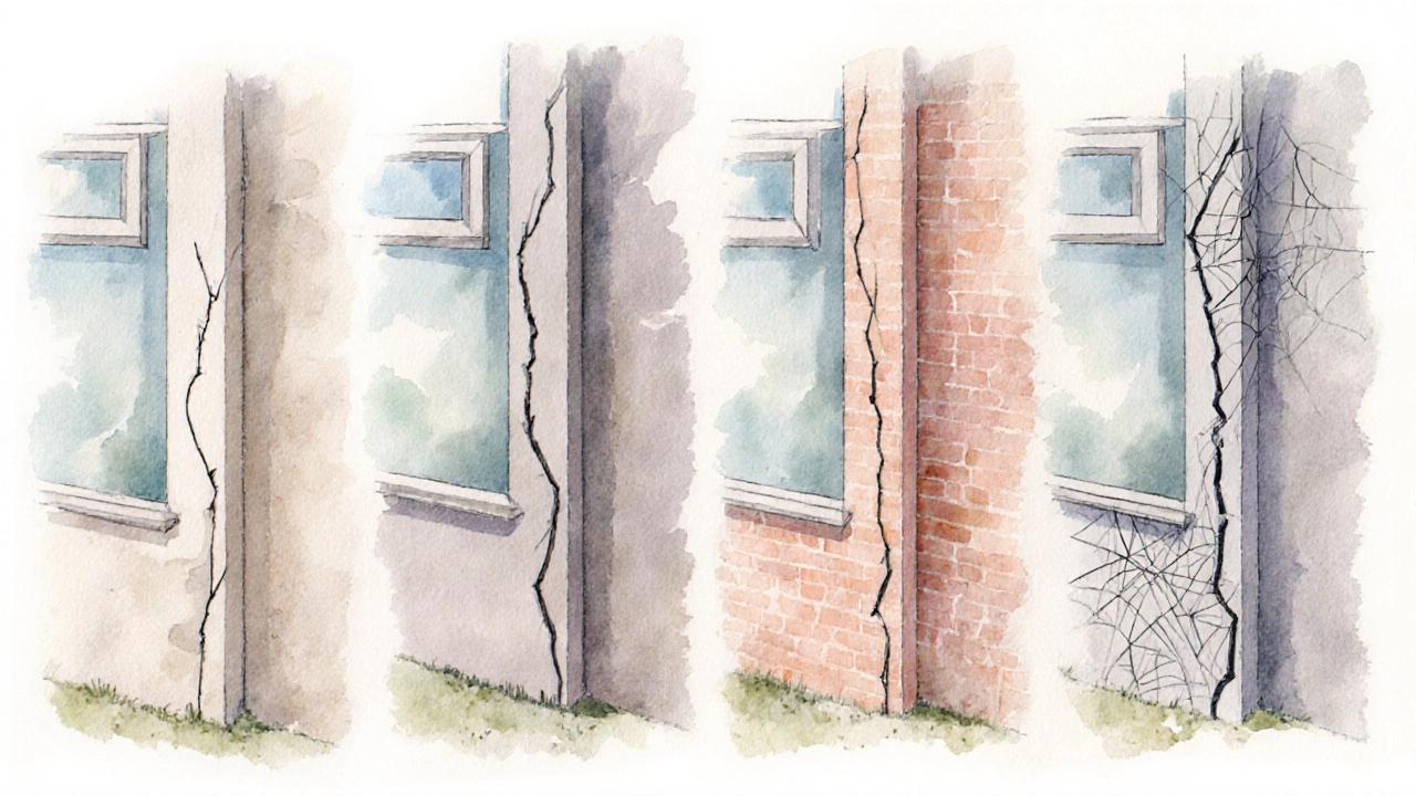 Illustration comparing four crack types in side‑by‑side wall sections.