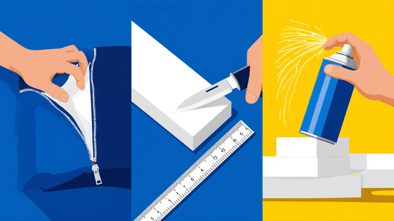 Illustration of zipper, ruler, knife, foam, and spray adhesive for cushion repair.