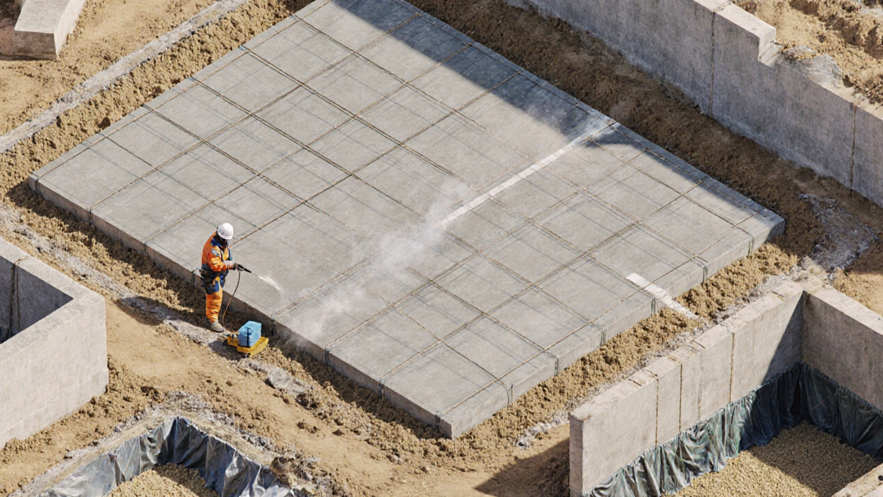 Isometric view of a building site showing concrete, rebar, joints, and curing.