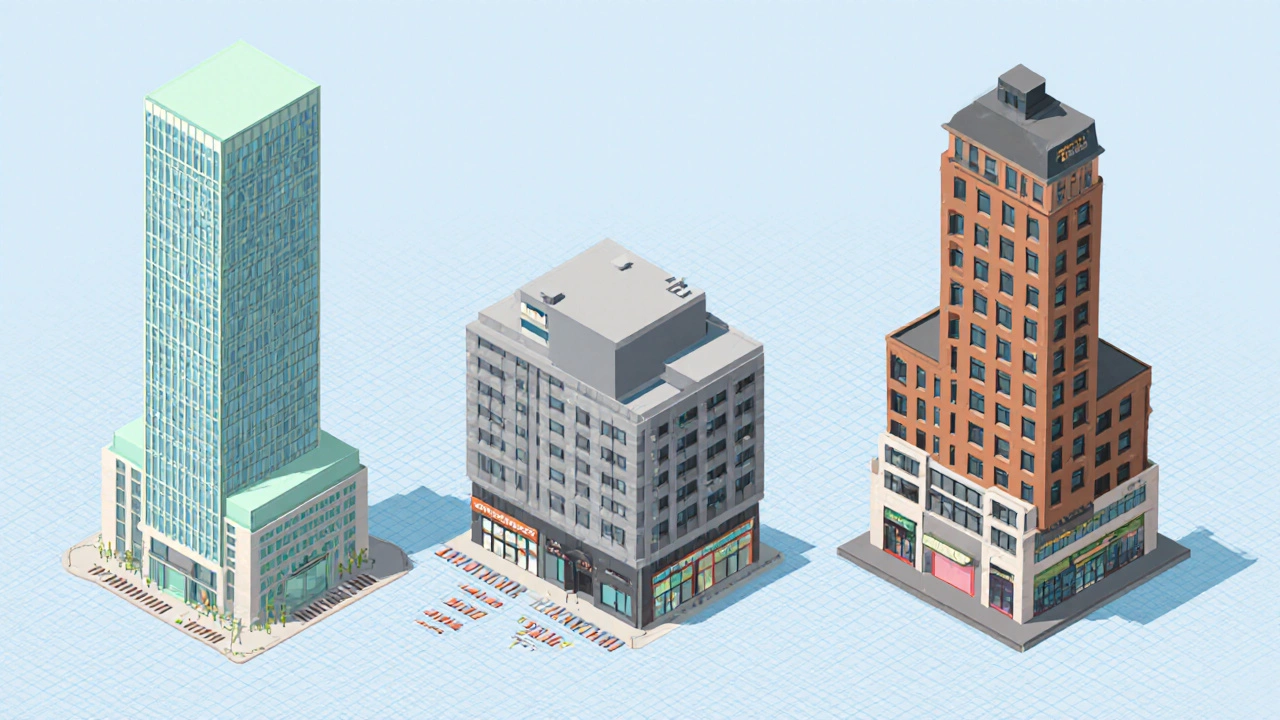 Isometric view of an office tower, retail park, and mixed‑use building side by side.