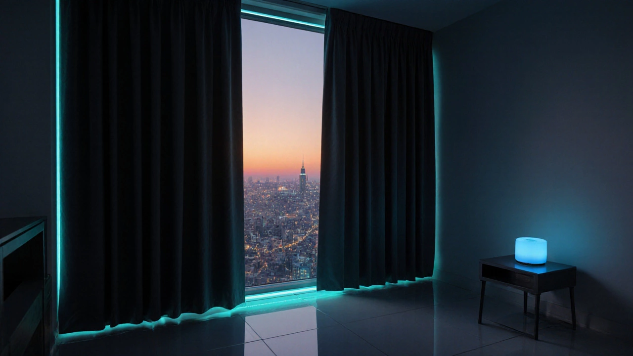 Modern apartment at dusk showing blacked‑out motorized curtains on a hidden track.