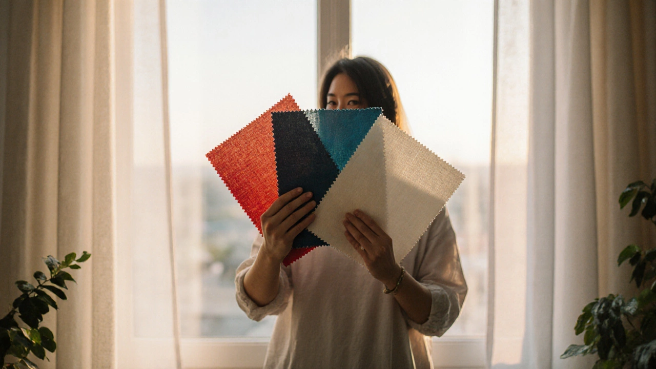 Person compares curtain fabric swatches by a window as daylight shifts through the day.