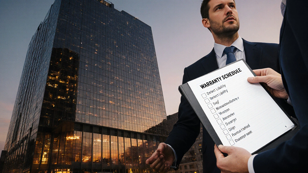 Project manager and owner shaking hands in front of a completed office tower at dusk, holding a warranty folder.