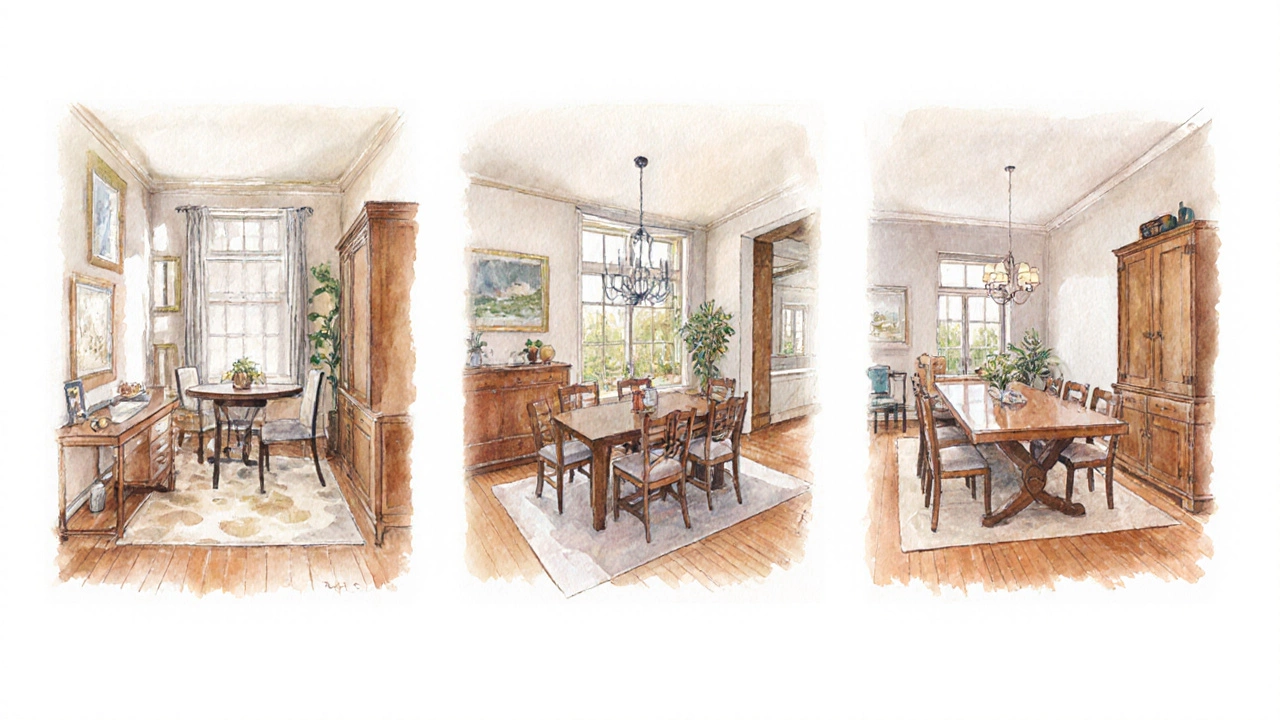 Three illustrated rooms showing correctly sized tables and sideboards for different spaces.