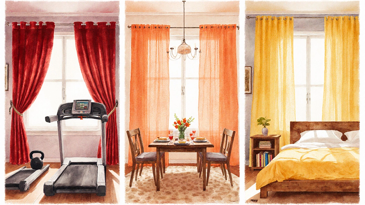 Three rooms side‑by‑side feature red, orange, and yellow curtains reflecting different moods.