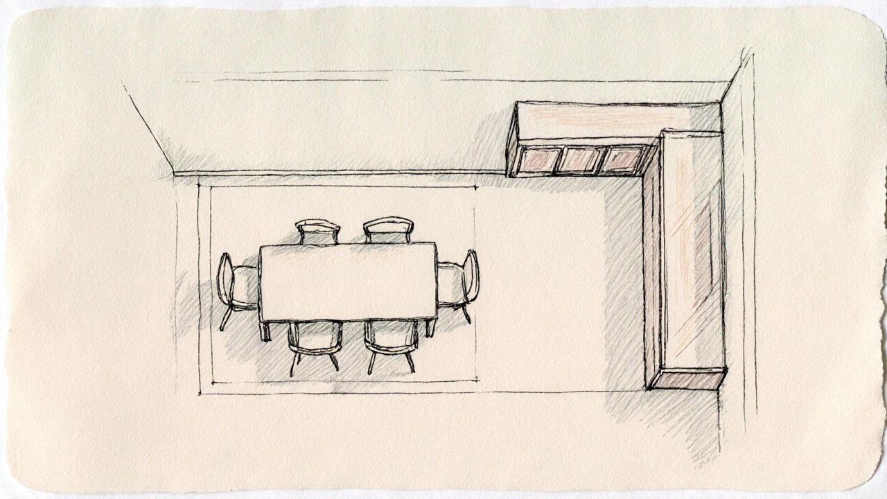 Top‑down sketch of a dining layout with a table, sideboard, and clear walking paths.