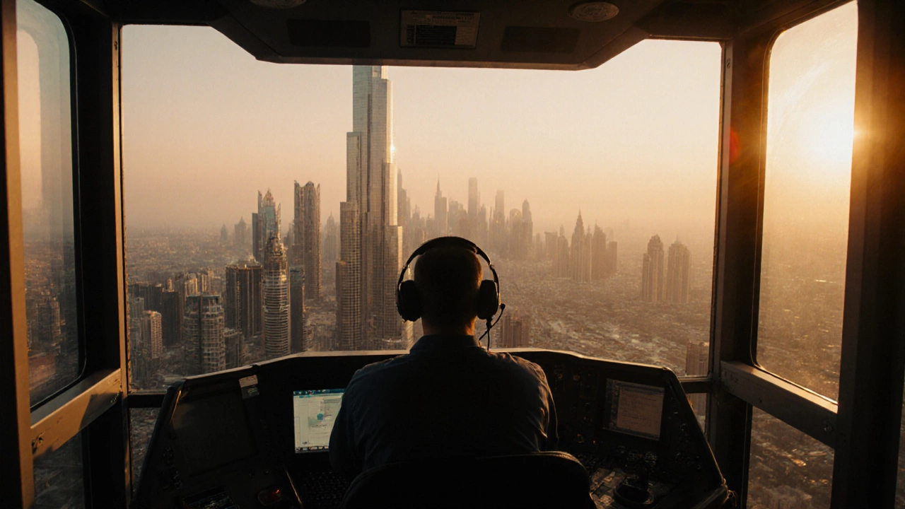 Tower crane operator cabin overlooking Dubai skyline at sunset.