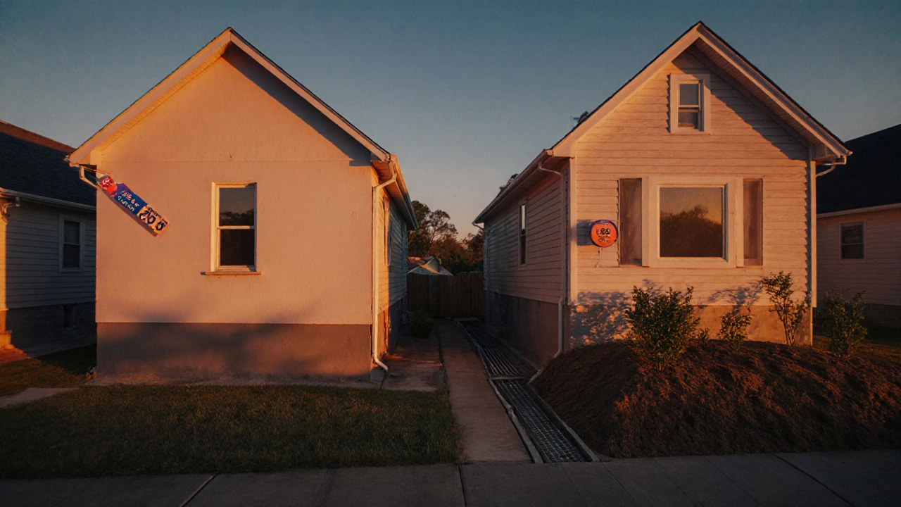 Two houses at dusk comparing interior epoxy repair and exterior drainage with cost indicators.