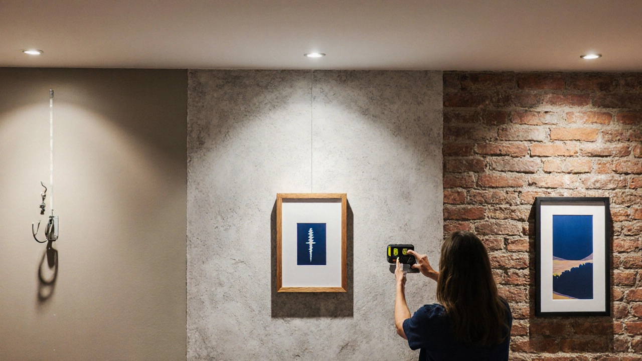Various wall materials with correct anchors holding art hung high in a room with tall ceiling.